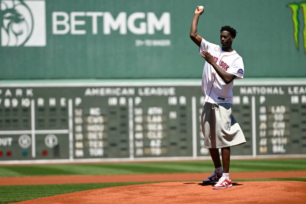 Who caught AJ Dybantsa's first pitch at Boston Red Sox game after NBA Draft